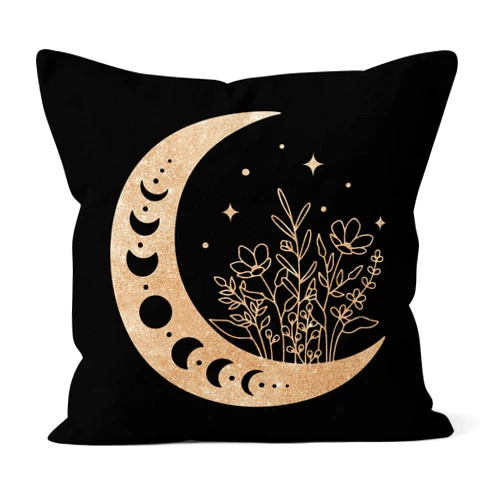 HIWX Abstract Boho Gold Moon Stars Flowers Decorative Pillowcase Throw Pillow Cover, Modern Art Crescent Moon Sky for Sofa Bed Room Home Bohemia Decor 18 x 18 Inch Pillow Case