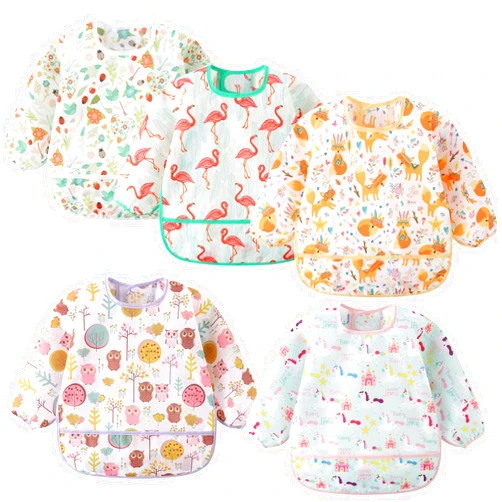 ElecMotive 5 Pack Long Sleeve Bib,Baby Toddler Waterproof Sleeved Bib for 6-30 Months Reusable with Catch-all Pocket