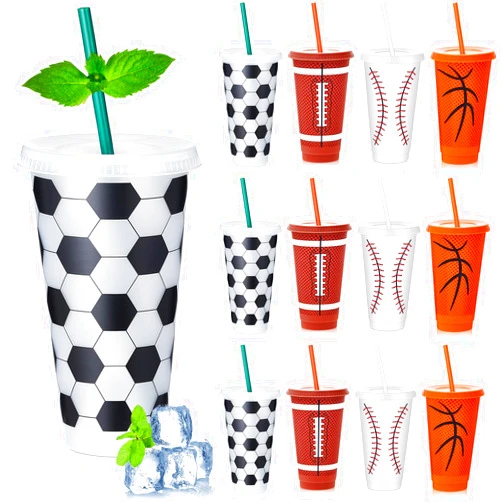 SiliFine 12 Pcs Sports Themed Party Decorations Cups 24 oz Sports Plastic Tumbler with Lid and Straw Reusable Cups Gifts Sports Birthday Party Decorations for Coach Boyfriend Sports Party Favors