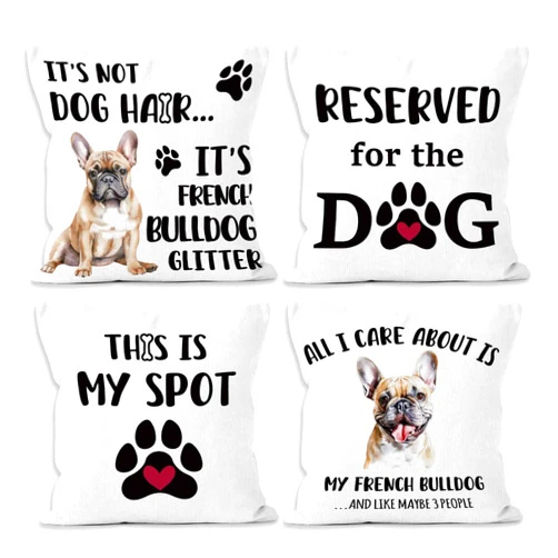 MONALET Funny French Bulldog Hair Throw Pillow Covers 18x18 Set of 4, Reserved for the Dog Decor Cases for Bedroom Living Room Couch Bed Sofa, Bulldog Pillowcases Gifts for Dog Lover