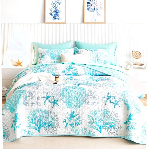 Wake In Cloud - Coastal Quilt Set, Nautical Ocean Beach Themed Tropical Summer Patterned, Reversible Lightweight Bedspread Coverlet, 3 Pieces, Aqua Turquoise, Queen/Full Size