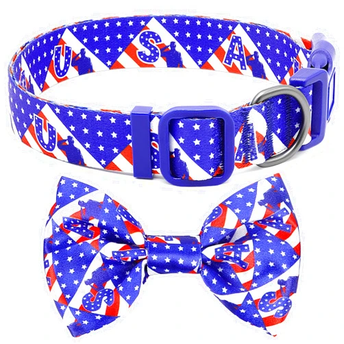 BiPawTi American Flag Dog Collar with Bowtie, 4th of July Dog Collar Holiday Pet Gift, Blue Pride Patriotic Dog Collar, USA Dog Collar for Independence Day, Memorial Day, Flag Day - L