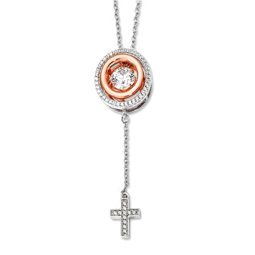 JewelryWeb 1.4mm Sterling Plat Plated Rose tone Vibrant Swar Zircon Religious Faith Cross Pendant 2inch Ext Necklace 16 Inch Jewelry for Women
