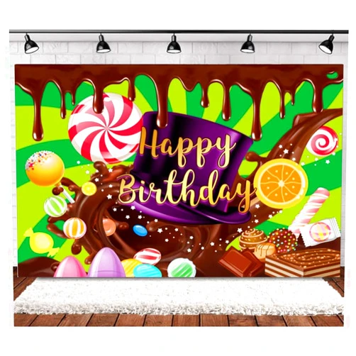 MAIJIONG Happy Birthday Photography Background Factory Photography Backdrop Supplies Charlie and The Chocolate Factory Baby Shower Banner Vinyl(7x5ft)