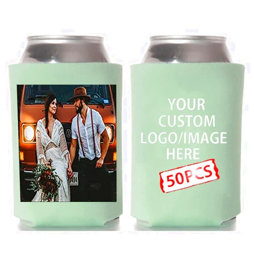 Akubi Custom Wedding Can Cooler, Personalized Beer Can Cooler Sleeves For Anniversary Birthday Gift Wedding Favor,Halloween Christmas Retirement Party Favors(Green)