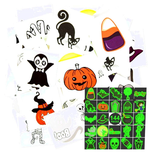 Zofunny Halloween Temporary Tattoos for Kids- 144 Pieces Glow in Dark Non-Toxic Tattoo Individually Wrapped in 24 Unique Designs- Halloween Party Favors for Kid
