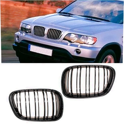 HZTWFC Sport Style Double Slat Gloss Black Front Grille Grilles Kidney Grill Replacement For BMW X5 E53 1998-2003