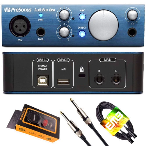 PreSonus AudioBox iOne USB Audio Interface 2-in/2-out with 1 x XLR Microphone Input, 1 x 1/4