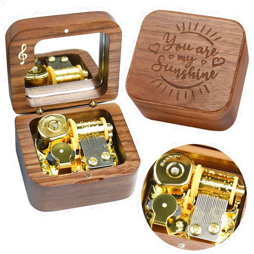 Sinzyo You are My Sunshine Music Box Solid Wood Laser Carving Vintage Gift Musical Boxs for Birthday Valentine's Day Christmas(Musical Note Walnut Box)