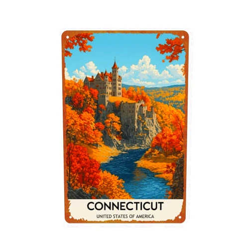 SXUZUSF Connecticut Poster - Vintage Landscape Metal Tin Sign For Home, Bedroom, Office, Bathroom Wall Decoration, Size 12x8 Inches