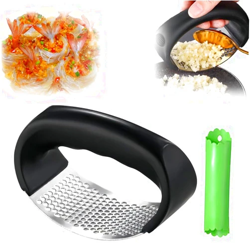 PETUPS Garlic Press Rocker - 2024 Stainless Steel Garlic Presser, Garlic Mincer Crusher with Peeler,Kitchen Gadgets Garlic Chopper with Peeler and Scraper for Crushing (Black,1Set)