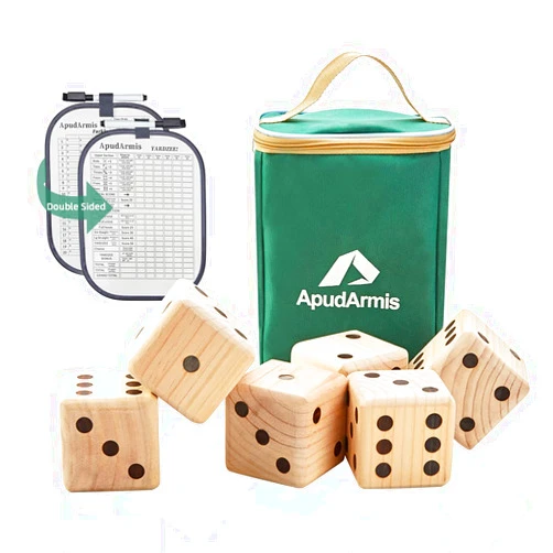 ApudArmis Giant Wooden Yard Dice Game, 3.5In Big Dice Lawn Game Set with Scoreboard & Carrying Bag - Large Pine Wooden 6 Dice Backyard Game for Kids Adults Family
