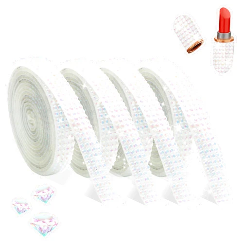 FULZTEY 4 Rolls Rhinestone Ribbon Roll,White AB Crystal Rhinestone Ribbon Sticker with 2 mm Rhinestone for DIY Crafts,Bling Jelly Self Adhesive Rhinestone Strips for Car Clothes Wedding Decoration