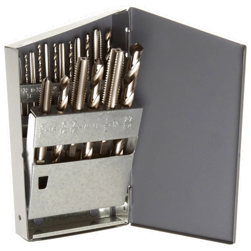 Chicago-Latrobe Chicago Latrobe 52580 HT18 High-Speed Steel Jobber Length Drill Bit and Hand Tap Set with Metal Case, Uncoated (Bright) Finish, Wire Size, Letter, Inch, 18-Piece, #6-32 to 1/2