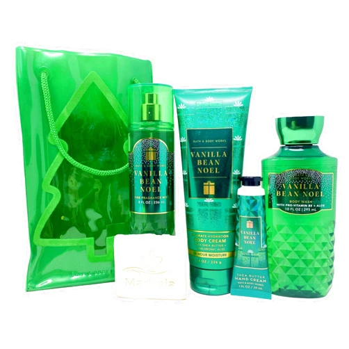 Bath & Body Works Vanilla Bean Noel Gift Bag Set - Fine Fragrance Mist, Body Cream, Body Wash and Hand Cream With a Natural Oats Sample Soap.