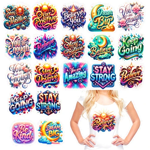 EoBeCy 20 Sheets Inspirational Quotes Iron on Transfers for T-Shirts, Motivational DTF Transfers Ready to Press Heat Transfers Vinyl, Iron on Patches Decals for Clothes Bag Pillow Covers DIY Crafts