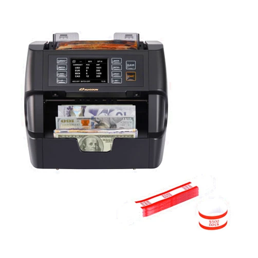 NUCOUN VC-3 Mixed Denomination Money Counter Machine and Money Bands for Cash $500 Red Pack of 150