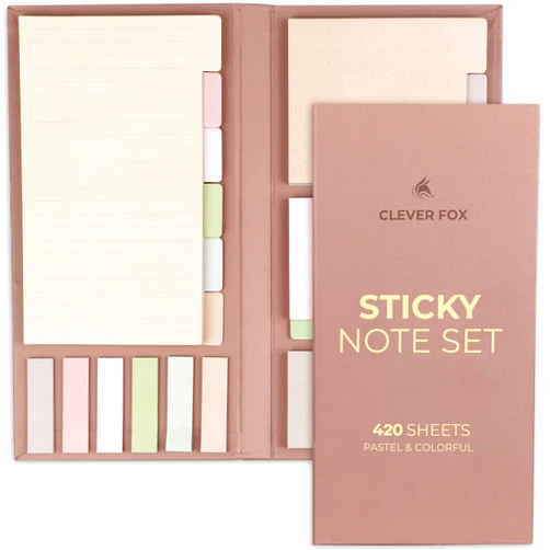 Clever Fox Sticky Note Set – 420 Lined Notes, Tabs & Bookmarks for Books & Notebooks – Office Desk Accessories & Supplies (Pastel & Colorful)