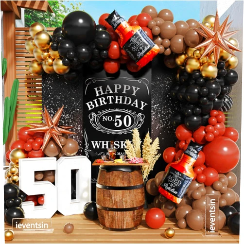Ieventsin 144PCS Whiskey Party Balloon Arch Garland Kit, Black Coffee Metallic Gold Latex Balloons Whiskey Bottle Beer Foil Balloons for Man Beer Birthday Party Happy Fathers Day Decorations