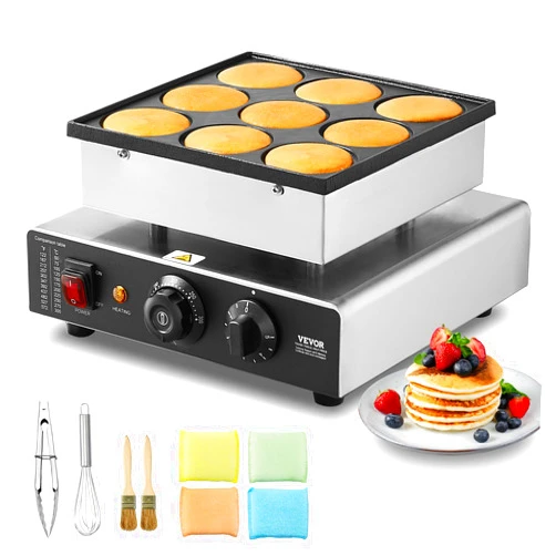 VEVOR Dutch Pancake Maker, 9PCS 76mm Diameter Dorayaki Baker Machine, 850W Commercial Electric Poffertjes Grill, Non-stick Stainless Steel, Temp & Time Control, for Home Kitchen Restaurant Snack Bar