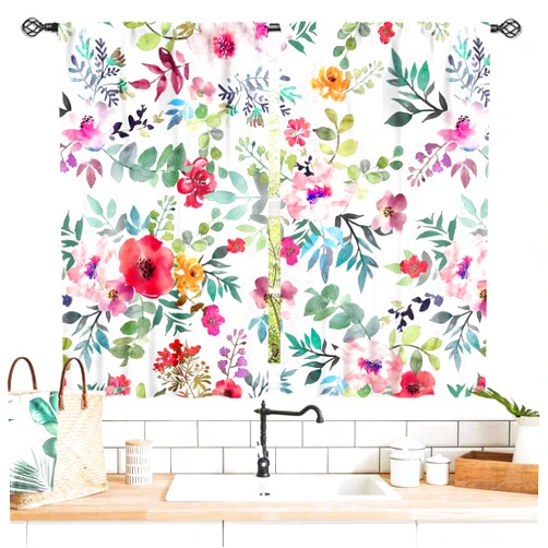 TKUYO Floral Curtains, Vintage Flower Pink Floral Farmhouse Country Kitchen Cafe Small Curtains Drapes Watercolor Floral Spring Blackout Window Treatments for Living Room Bedroom 2 Panel Sets, 55x39 Inch