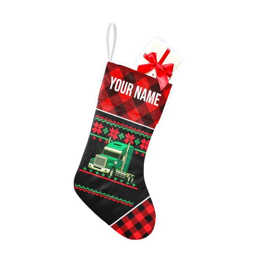 OAHEDIAM Custom Christmas Stockings Personalized Name Truck Driver Christmas Plaid Fireplace Decoration Holiday Stocking Decor Gift for Family Friends 7.87x17.52 inch