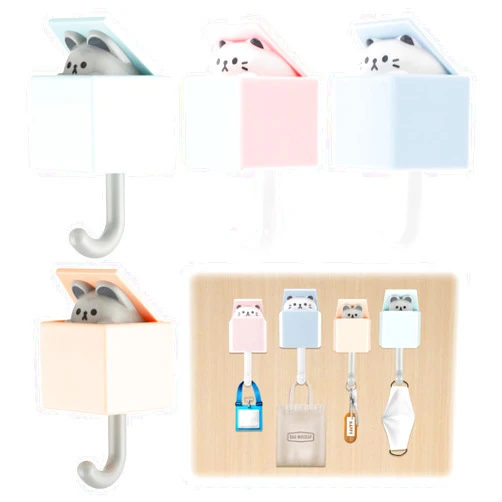 WY LIGHTING LEVEL 4 Packs Cat Hooks for Wall, Creative Adhesive Cute Pet Hooks Coat Hook, Cat and Mouse Key Hooks for Key, Scarf, Hat, Towel, Coat, Bag, Utility Cat Hook for Wall Hanging Decorations