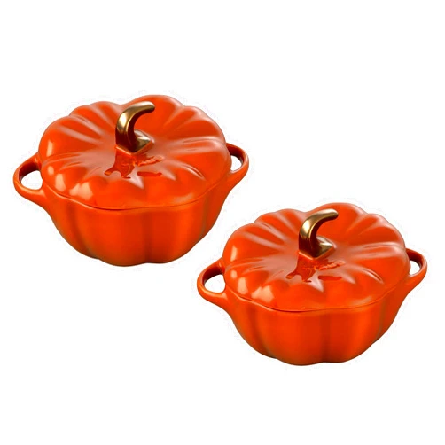 Staub Ceramic 2-pc 16-oz Petite Pumpkin Cocotte Set- Burnt Orange