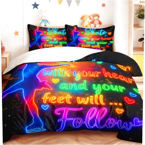 Dropshipful Olympic Winter Games Duvet Cover Set: 3-Piece Milano Cortina Inspired Neon Girl Twin Duvet Cover - Black Bedding Comforter Cover Set with 2 Pillowcases