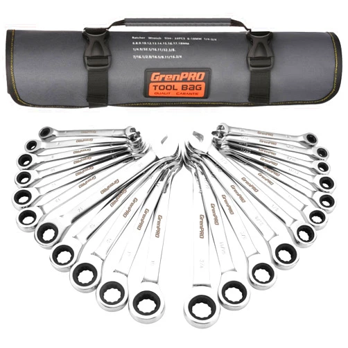 GRENPRO Ratcheting Wrench Set, Combination Wrench Set, 22-Piece SAE & Metric and Standard, 72Th Long Open End, 1/4