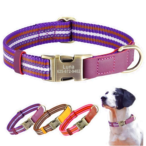 KINYABLUE Custom Dog Collar with Engraved Metal Buckle - Reflective Pet Collars Personalized with Name & Phone Number, Nylon & Leather Sewing Dog Collar for Small Medium Large Dogs (Purple, M)