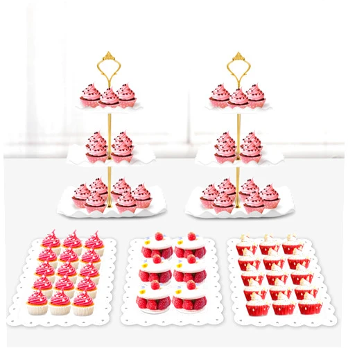 PinCute 5 Pcs Dessert Table Display Set - 2 X Cupcake Stand Holder/Cup Cake Tier Tower & 3 X Serving Tray Combo for Tea Party, Birthday, Baby Shower (Wave Square)
