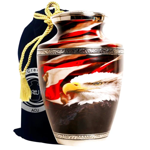 Artizans Cremation Urns-Brass Cremation Urn-Bald Eagle with American Flag (Silver-Large)