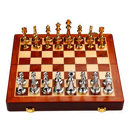Nobranded Metal Glossy Golden and Silver Chess Pieces Solid Wooden Folding Chess Board High Grade Professional Chess Games Set