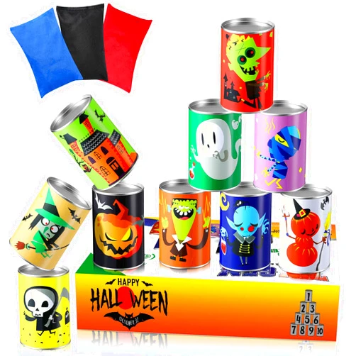 BBTO Halloween Carnival Games, Halloween Party Games Bean Bag Toss Game for Kids and Adults Carnival Metal Cans with 3 Bean Bags for Holiday Birthday Party Outdoor Indoor Games