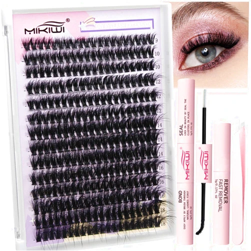 MIKIWI Fluffy Lash Extension Kit 60D Thick Lash Cluster 280pcs 9-18mm Individual Lashes Kit with Bond&Seal Glue Remover and Lash Tweezers DIY Eyelash Extension Kit at Home