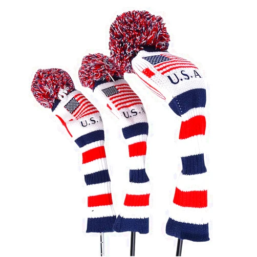 GOOACTION 3PCS Knitted Golf Head Covers for Driver and Fairway Woods American USA Flag Pattern with Long Neck Design White Red and Navy Blue Sock Pom Pom Golf Club Patriotic Head Covers Set