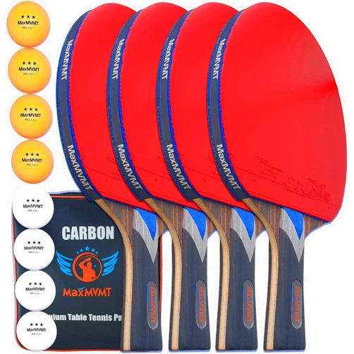 MaxMVMT Ping Pong Paddle Set of 4 - Carbon Fiber 7 Ply Rackets - 2 Wristbands - 8 Balls - 1 Rubber Cleaner Sponge - Premium ITTF Approved Rubber - Complete 4 Player Table Tennis Setup - Carry Case