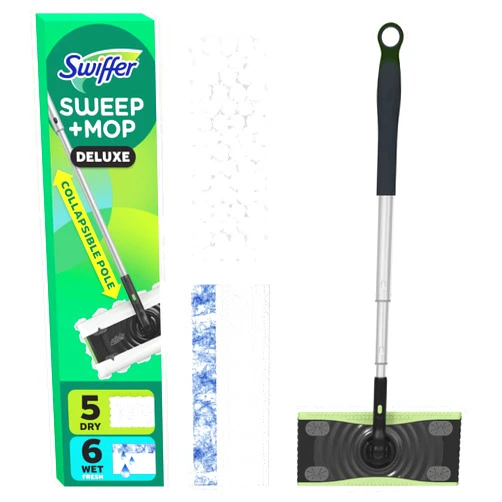 Swiffer Sweep & Mop Deluxe 2-in-1 Multi-Surface Kit for Floor Cleaning, Includes 1 Sweeper Device, 5 Dry Sweeping + 6 Wet Mopping Heavy Duty Cloths, Black