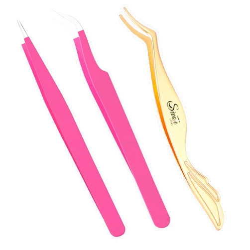 SIVOTE Lash Tweezers & Applicator Tool Set, 2-Pack Precision Tweezers (Straight & Curved Tip, Pink) with Gold Eyelash Applicator Tool for Extensions & False Lash Application