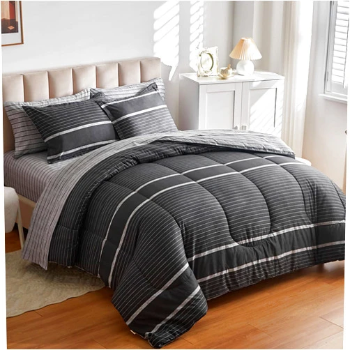 Flysheep Ombre Boho Striped Bed in a Bag 6 Pieces Twin Size, White Striped on Black Dark Gray Comforter Sheet Set (1 Comforter, 1 Flat Sheet, 1 Fitted Sheet, 2 Pillow Shams, 1 Pillowcase)