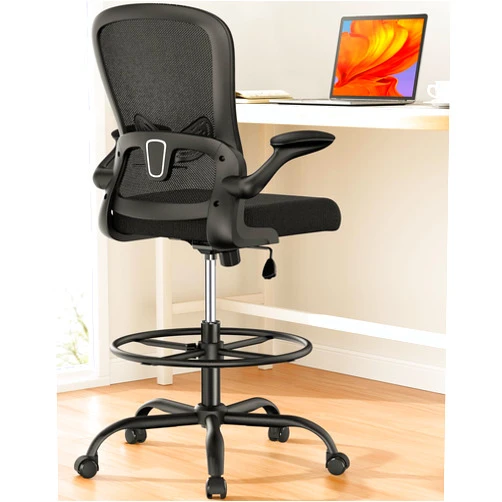 ErGear Drafting Chair, Standing Desk Chair with Flip-Up Armrests, High Desk Chair Adjustable Height, Ergonomic Tall Office Chair with Lumbar Support and Adjustable Footrest Ring