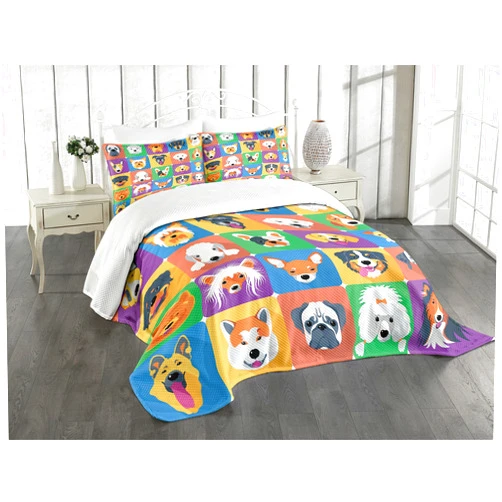 Ambesonne Dog Bedspread Set, Dog Breeds Profiles Pets Shepherd Terrier Labrador Domestic Animals Illustration, 3 Piece Decorative Bedding Coverlet and 2 Pillow Shams, King Size, Purple Green