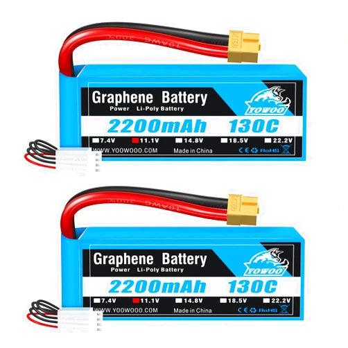 YoWoo Power Yowoo 2 Pack 3S Lipo Battery 2200mAh 11.1V 130C Graphene Lipo Battery with XT60 Plug for E flite Valiant Parkzone E4F Wildcat Great Planes E-Cub RC Car Boat Truck Heli Airplane Quadcopter Helicopter