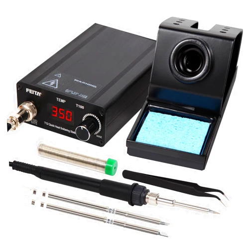 FEITA T12 Soldering Iron Station Kit Tool for Electronics, With 3 solder iron tip, 1 Soldering Wire & Stand, 1 ESD Curved Tweezer, Soldering Machine with Boost, Auto Sleep & Shutdown