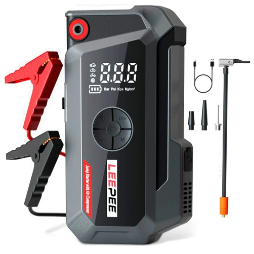 LEEPEE TM16K Car Jump Starter with Air Compressor, 12V Power Bank for 9L Gas & 8L Diesel Engines, 3000Amps 150PSI Car Battery Booster with 3 Modes Flashlight, LCD Display Car Battery Jump Starter