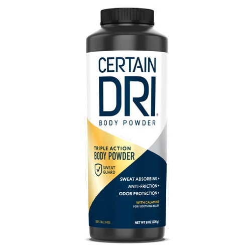 Certain Dri Body Powder for Men & Women, Maximum Sweat Absorption, Moisture & Odor Control, Itch-Free Foot and Body Powder, Talc-Free Formula, Gentle on Sensitive Skin, Calamine Scent, 8 oz