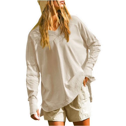 Tankaneo Womens Long Sleeve Tunic Tops Casual V Neck Oversized Shirts with Thumb Holes