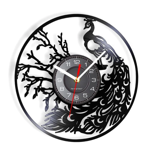 OTKU 12 inch Clock Proud Bird Peacock with Feather Out Wall Art Modern Wall Clock Whimsical Vinyl Record Wall Clock Retro Decorative Wall Watch for Vintage Room Decoration