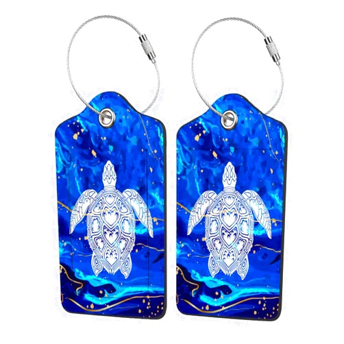 Wvpslak 2 Pack Luggage Tag Blue sea Turtle Travel PU Cute Leather Luggage Tag Name ID Labels with Privacy Cover Suitcases Women Men Girls Boys Fun Laggage Tags (Blue sea Turtle)